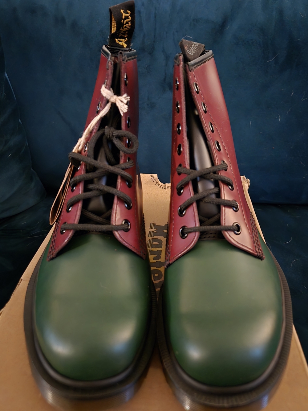 Dr. Martens Tri-Tone Burgundy, Green & Yellow 8-Eye Leather Boots - Picture 2 of 8